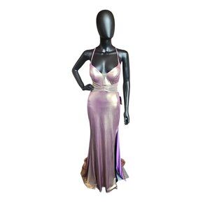 Rose Gold Iridescent Stretch Plunge Prom/Party Dress - Sparkle